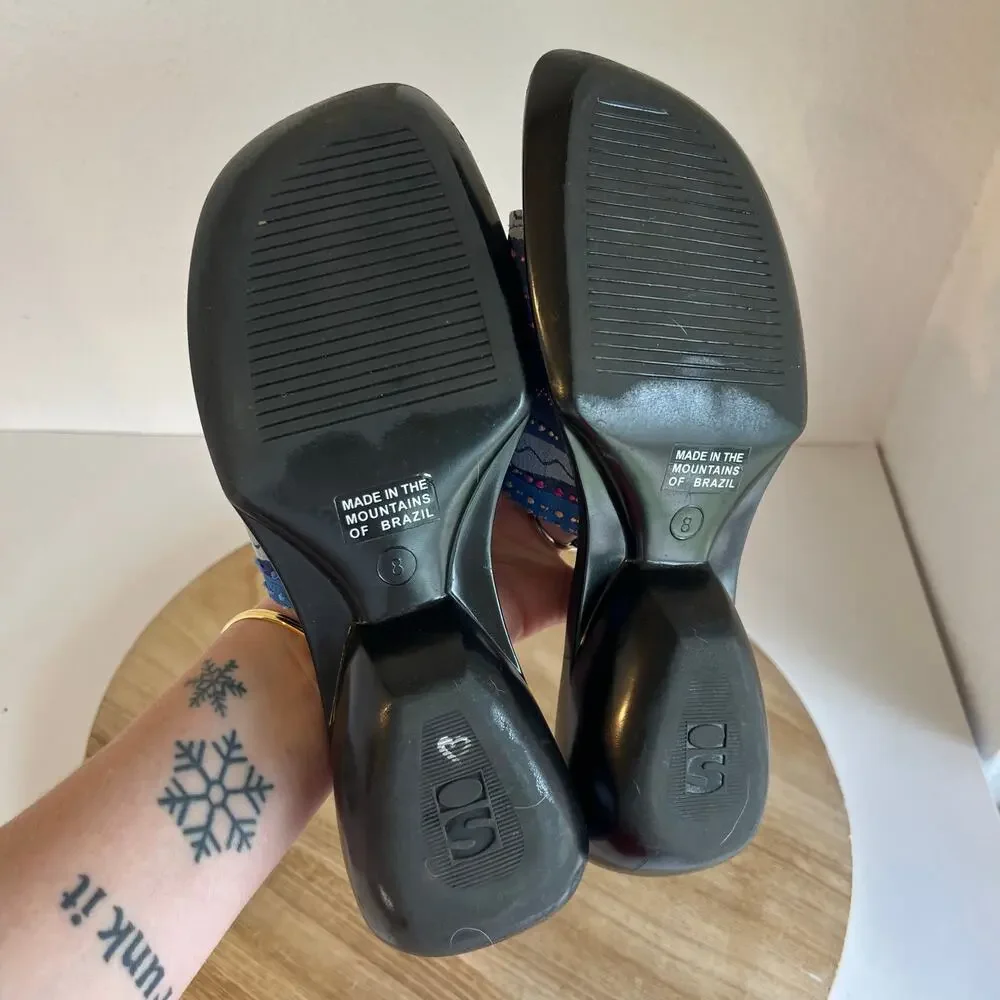 Art Effects Blue Embroidered Square Toe Chunky Slide Sandals Brazil Size 8